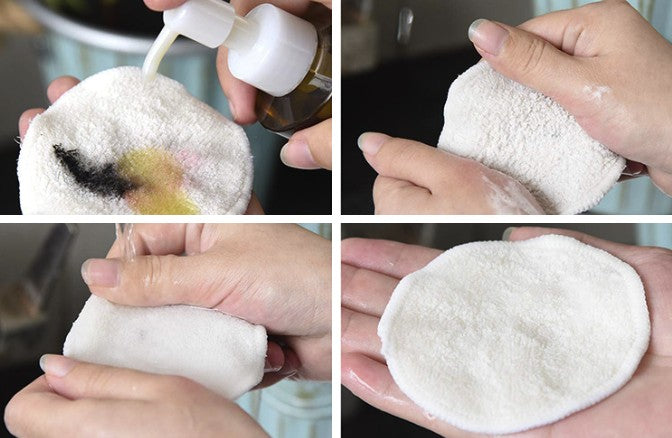 A used bamboo pad being washed by hand and coming out clean