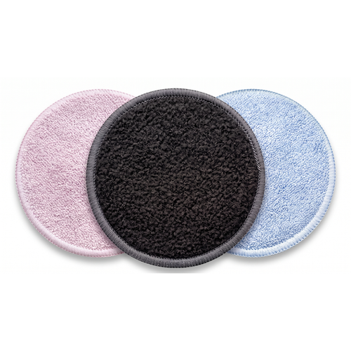 Three reusable bamboo makeup remover pads side by side in Astra Pink, Charcoal Grey and Aqua Blue